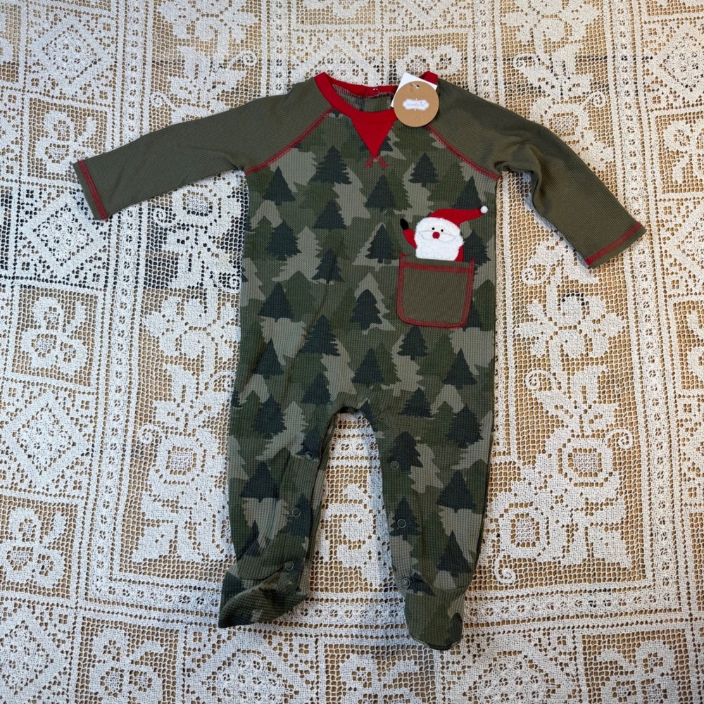 Mud Pie Baby Boys Camo Tree Santa Pocket Waffle Knit Footed Sleeper 6-9 Months